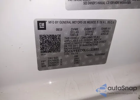 2020 Chevrolet Silverado 1500 4Wd Short Bed Rst из США, поврежденный, VIN 3GCUYEED0LG111831